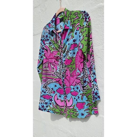Vintage Y2K Womens Top Small Pink Blue Moon Sky Tropical Ruched Button Up Shirt - Picture 2 of 11